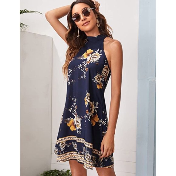 Navy Blue Floral Printed Chiffon A-Line Halter Sleeveless Mini Shift Dress - Picture 3 of 7